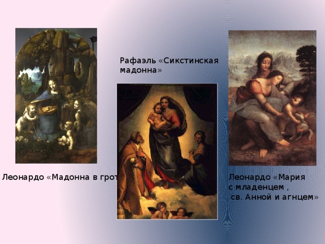 Рафаэль «Сикстинская мадонна» Леонардо «Мария Леонардо «Мадонна в гроте» с младенцем ,  св. Анной и агнцем» 