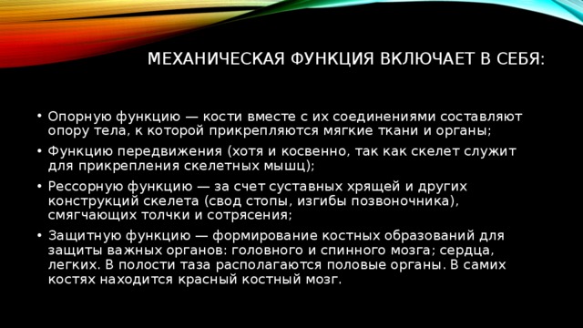 Механическая функция включает в себя:   Опорную функцию — кости вместе с их соединениями составляют опору тела, к которой прикрепляются мягкие ткани и органы; Функцию передвижения (хотя и косвенно, так как скелет служит для прикрепления скелетных мышц); Рессорную функцию — за счет суставных хрящей и других конструкций скелета (свод стопы, изгибы позвоночника), смягчающих толчки и сотрясения; Защитную функцию — формирование костных образований для защиты важных органов: головного и спинного мозга; сердца, легких. В полости таза располагаются половые органы. В самих костях находится красный костный мозг. 