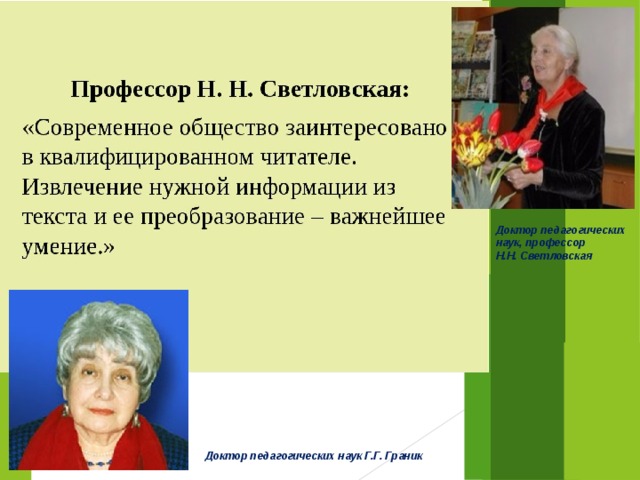 Доктор педагогических наук, профессор Н.Н. Светловская Автором является Наталья Николаевна Светлаковская В основе технологии также лежат исследования по психологии читательской деятельности доктора педагогических наук Граник Генриетты Григорьевны Доктор педагогических наук Г.Г. Граник 