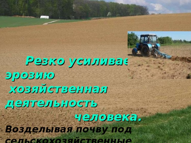  Резко усиливает эрозию  хозяйственная деятельность  человека.  Возделывая почву под сельскохозяйственные  культуры, человек лишает  все большие площади земли естественного травяного покрова, а распаханные, не защищенные скрепляющий дерниной почвы подвергаются смыву и размыву. 