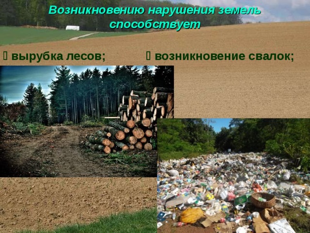 Возникновению нарушения земель способствует   вырубка лесов;  возникновение свалок; 