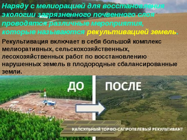 Наряду с мелиорацией для восстановления экологии загрязненного почвенного слоя проводятся различные мероприятия, которые называются рекультивацией земель . Рекультивация включает в себя большой комплекс мелиоративных, сельскохозяйственных, лесохозяйственных работ по восстановлению нарушенных земель в плодородные сбалансированные земли. 