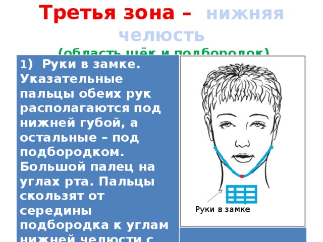  Третья зона –  нижняя челюсть   (область щёк и подбородок)   1 ) Руки в замке. Указательные пальцы обеих рук располагаются под нижней губой, а остальные – под подбородком. Большой палец на углах рта. Пальцы скользят от середины подбородка к углам нижней челюсти с фиксацией.   Руки в замке 