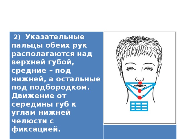  2) Указательные пальцы обеих рук располагаются над верхней губой, средние – под нижней, а остальные под подбородком. Движение от середины губ к углам нижней челюсти с фиксацией.   