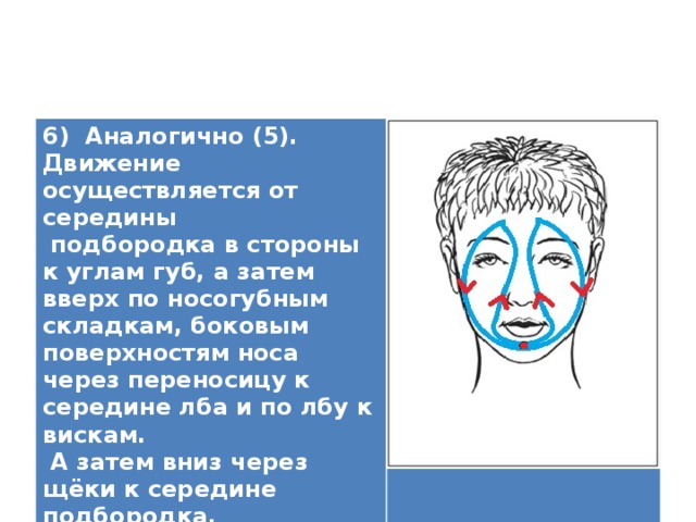 6) Аналогично (5). Движение осуществляется от середины  подбородка в стороны к углам губ, а затем вверх по носогубным складкам, боковым поверхностям носа через переносицу к середине лба и по лбу к вискам.  А затем вниз через щёки к середине подбородка.   