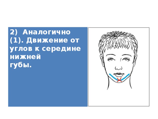 2) Аналогично (1). Движение от углов к середине нижней губы.   