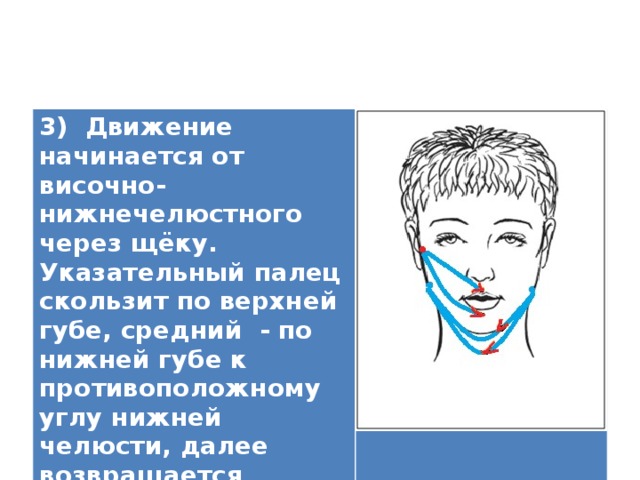3) Движение начинается от височно-нижнечелюстного через щёку. Указательный палец скользит по верхней губе, средний - по нижней губе к противоположному углу нижней челюсти, далее возвращается обратно, но к углу нижней челюсти.   