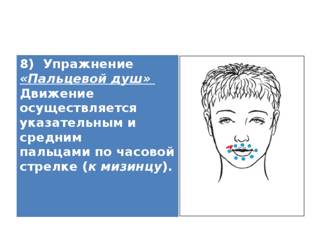 8) Упражнение «Пальцевой душ» Движение осуществляется указательным и средним пальцами по часовой стрелке ( к мизинцу ).   