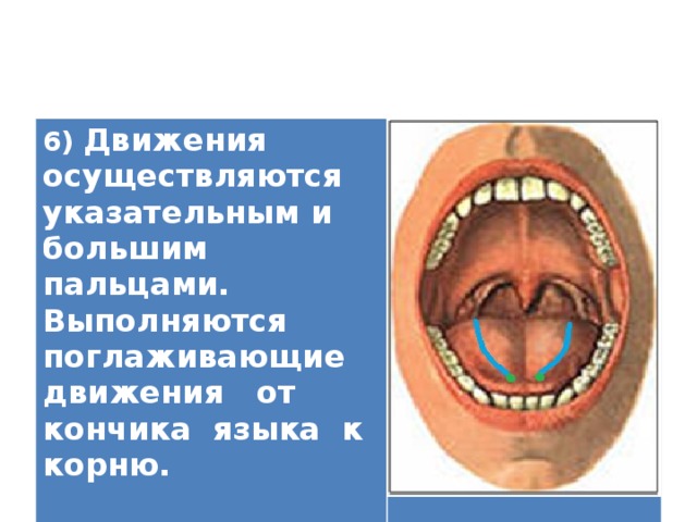 6) Движения осуществляются указательным и большим пальцами. Выполняются поглаживающие движения от кончика языка к корню.    