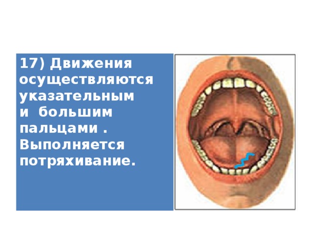 17) Движения осуществляются указательным и большим пальцами . Выполняется потряхивание.   