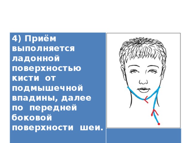 4) Приём выполняется ладонной поверхностью кисти от подмышечной впадины, далее по передней боковой поверхности шеи.   