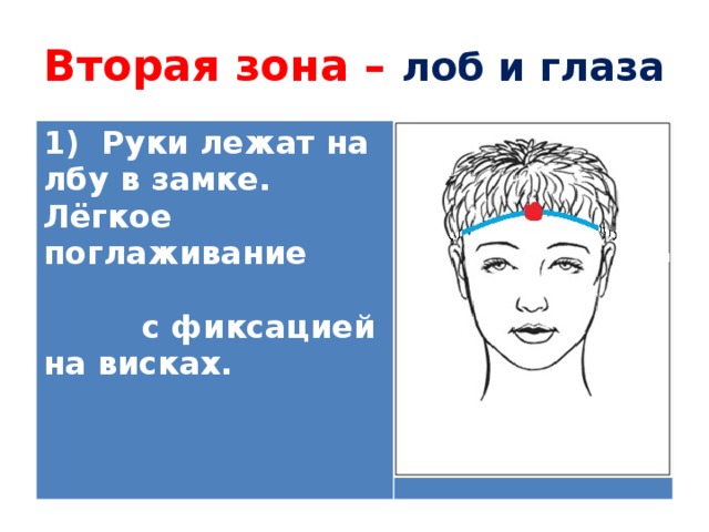 Вторая зона – лоб и глаза 1) Руки лежат на лбу в замке. Лёгкое поглаживание с фиксацией на висках.    