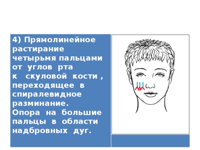 4) Прямолинейное растирание четырьмя пальцами от углов рта к скуловой кости , переходящее в спиралевидное разминание. Опора на большие пальцы в области надбровных дуг.   