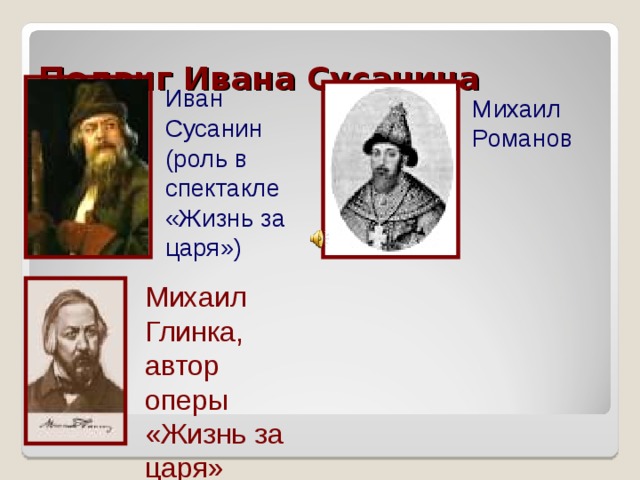 Подвиг Ивана Сусанина Иван Сусанин (роль в спектакле «Жизнь за царя») Михаил Романов Михаил Глинка, автор оперы «Жизнь за царя» 
