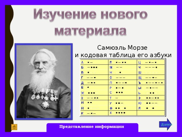 Самюэль Морзе и кодовая таблица его азбуки Далее Представление информации 8 