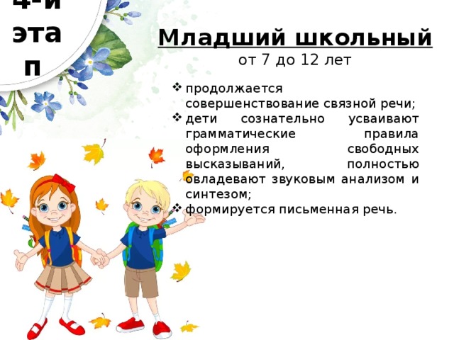 4-й  этап Младший школьный от 7 до 12 лет продолжается совершенствование связной речи; дети сознательно усваивают грамматические правила оформления свободных высказываний, полностью овладевают звуковым анализом и синтезом; формируется письменная речь. 