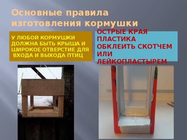 Основные правила изготовления кормушки У любой кормушки должна быть крыша и широкое отверстие для входа и выхода птиц Острые края пластика обклеить скотчем или лейкопластырем 