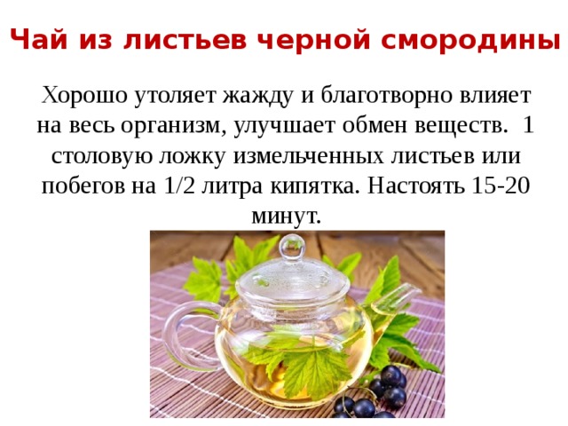 Чай из листьев черной смородины   Хорошо утоляет жажду и благотворно влияет на весь организм, улучшает обмен веществ.  1 столовую ложку измельченных листьев или побегов на 1/2 литра кипятка. Настоять 15-20 минут. 