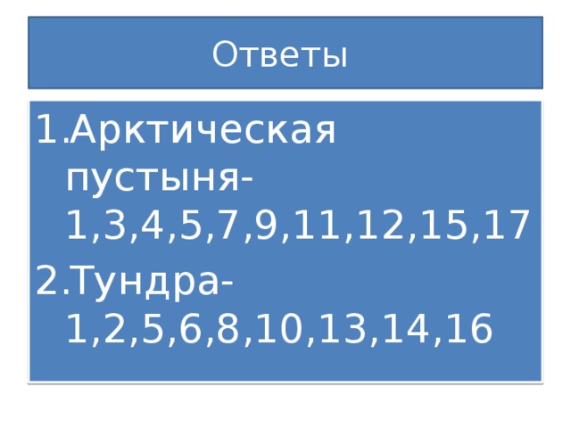 Ответы Арктическая пустыня- 1,3,4,5,7,9,11,12,15,17 Тундра-1,2,5,6,8,10,13,14,16 