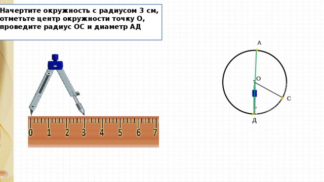 Начертите окружность с радиусом 3 см, отметьте центр окружности точку О, проведите радиус ОС и диаметр АД  . А О . . С . Д 