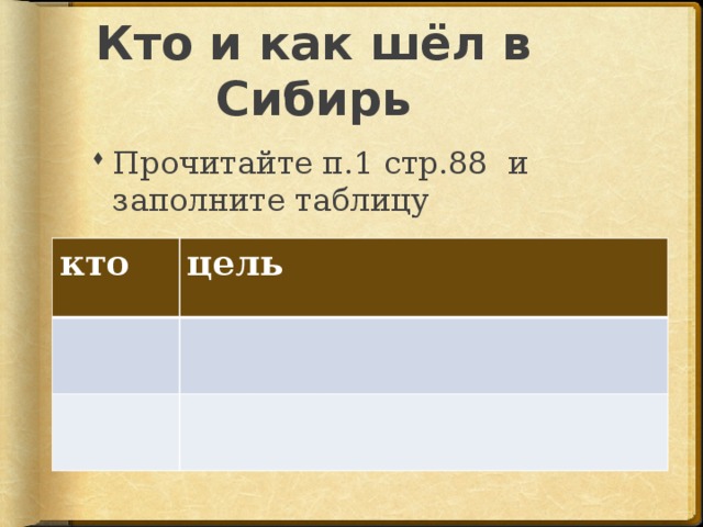 Кто и как шёл в Сибирь Прочитайте п.1 стр.88 и заполните таблицу кто цель 
