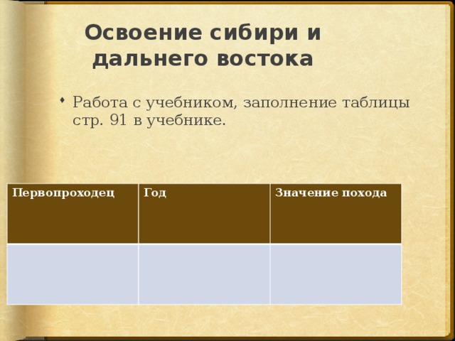 Освоение сибири и дальнего востока Работа с учебником, заполнение таблицы стр. 91 в учебнике. Первопроходец Год Значение похода 