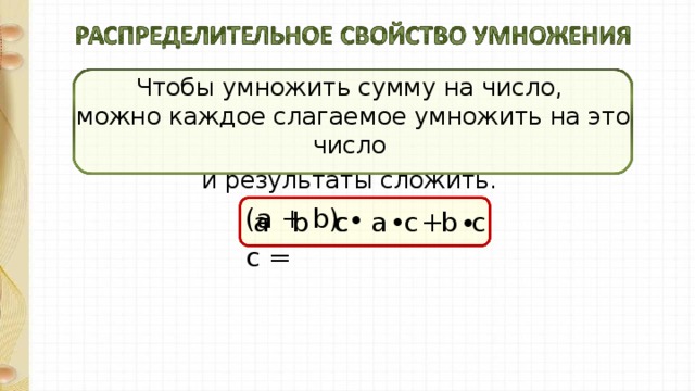 Чтобы умножить сумму на число,  можно каждое слагаемое умножить на это число и результаты сложить. ( a + b ) ∙ с = ∙ ∙ с a b + c b с a c 14 