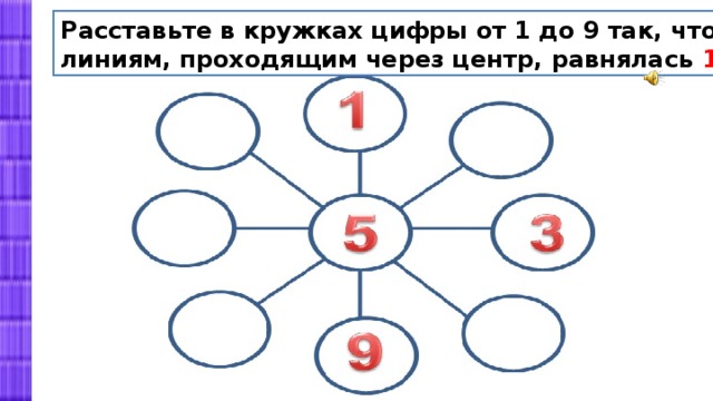 Расставьте в кружках цифры от 1 до 9 так, чтобы сумма по линиям, проходящим через центр, равнялась 15 . 