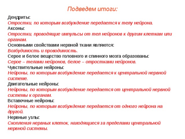 Подведем итоги: Дендриты: Отростки, по которым возбуждение передается к телу нейрона. Аксоны: Отростки, проводящие импульсы от тел нейронов к другим клеткам или органам. Основными свойствами нервной ткани являются: Возбудимость и проводимость. Серое и белое вещество головного и спинного мозга образованы: Серое – телами нейронов, белое – отростками нейронов. Чувствительные нейроны: Нейроны, по которым возбуждение передается к центральной нервной системе. Двигательные нейроны: Нейроны, по которым возбуждение передается от центральной нервной системы к органам. Вставочные нейроны: Нейроны, по которым возбуждение передается от одного нейрона на другой.  Нервные узлы: Скопления нервных клеток, находящиеся за пределами центральной нервной системы.  