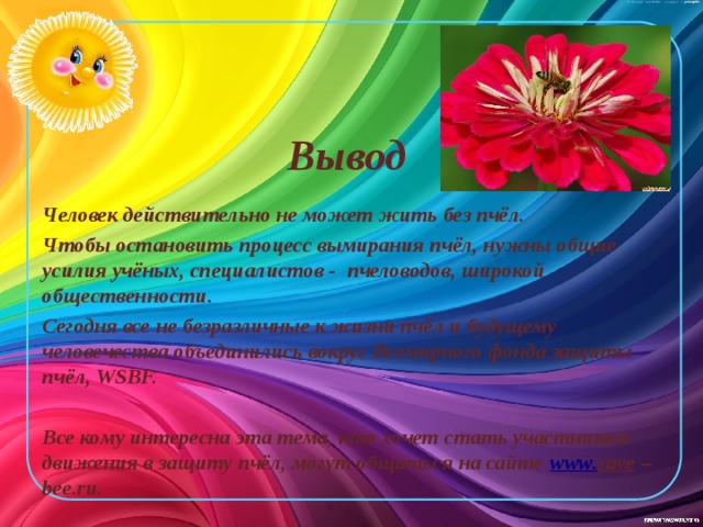 Вывод Человек действительно не может жить без пчёл. Чтобы остановить процесс вымирания пчёл, нужны общие усилия учёных, специалистов - пчеловодов, широкой общественности. Сегодня все не безразличные к жизни пчёл и будущему человечества объединились вокруг Всемирного фонда защиты пчёл, WSBF. Все кому интересна эта тема, кто хочет стать участником движения в защиту пчёл, могут общаться на сайте www . save – bee.ru. 