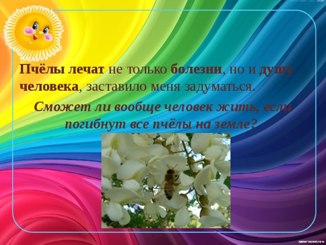 Пчёлы лечат не только болезни , но и душу человека , заставило меня задуматься. Сможет ли вообще человек жить, если погибнут все пчёлы на земле? 