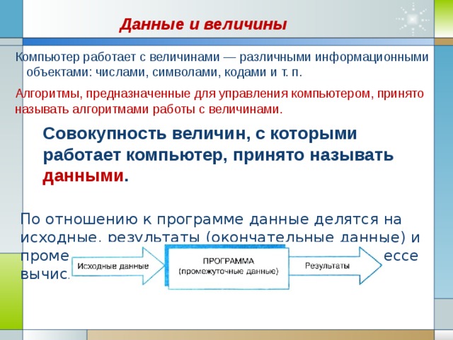 Данные и величины Компьютер работает с величинами — различными информационными объектами: числами, символами, кодами и т. п. Алгоритмы, предназначенные для управления компьютером, принято называть алгоритмами работы с величинами. Совокупность величин, с которыми работает компьютер, принято называть данными . По отношению к программе данные делятся на исходные, результаты (окончательные данные) и промежуточные, которые получаются в процессе вычислений. 