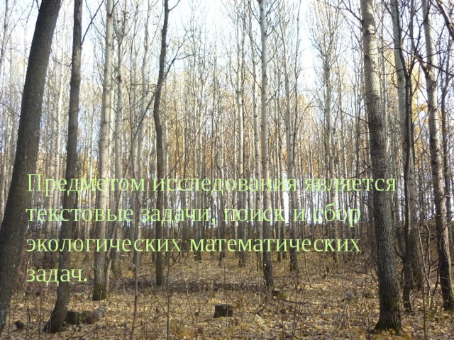 Предметом исследования является текстовые задачи, поиск и сбор экологических математических задач. 