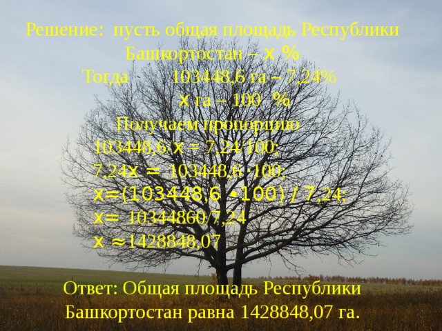 Решение: пусть общая площадь Республики Башкортостан – x % Тогда  103448,6 га – 7,24%   x га – 100 %  Получаем пропорцию   103448,6/ x = 7,24/100;   7,24 x = 103448,6 ∙100;   x=(103448 , 6 ∙100) / 7 ,24;   x= 10344860/7,24   x ≈ 1428848,07 Ответ: Общая площадь Республики Башкортостан равна 1428848,07 га. 
