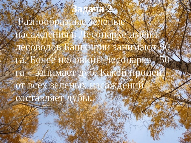 Задача 2.  Разнообразные зеленые насаждения в Лесопарке имени лесоводов Башкирии занимают 90 га. Более половины лесопарка _50 га – занимает дуб. Какой процент от всех зеленых насаждений составляет дубы. 