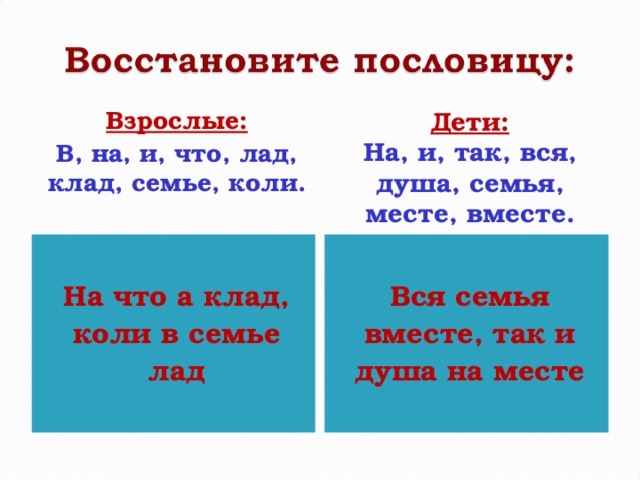 Взрослые: В, на, и, что, лад, клад, семье, коли.    Дети: На, и, так, вся, душа, семья, месте, вместе.  На что а клад, коли в семье лад Вся семья вместе, так и душа на месте 