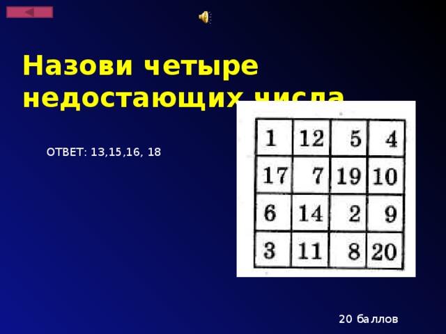 Назови четыре недостающих числа ОТВЕТ: 13,15,16, 18 20 баллов