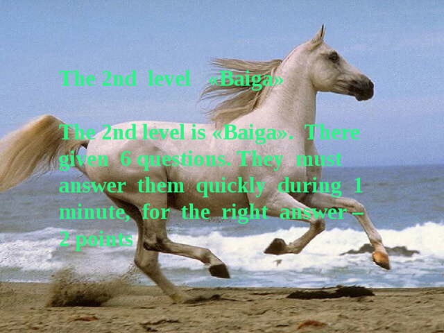 The 2nd level «Baiga»  The 2nd level is «Baiga». There given 6 questions. They must answer them quickly during 1 minute, for the right answer – 2 points 