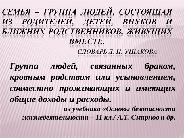 Группа людей, связанных браком, кровным родством или усыновлением, совместно проживающих и имеющих общие доходы и расходы.  из учебника «Основы безопасности жизнедеятельности – 11 кл./ А.Т. Смирнов и др. 