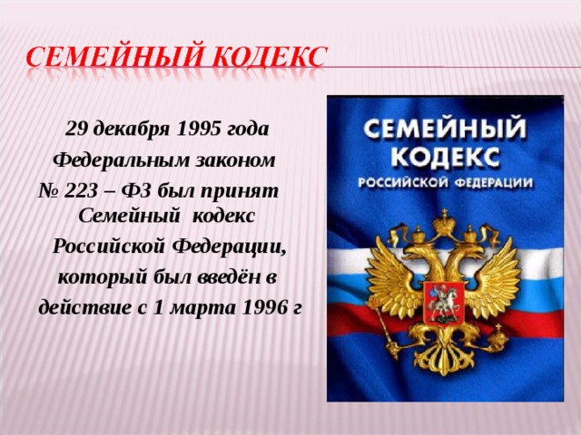  29 декабря 1995 года  Федеральным законом № 223 – ФЗ был принят Семейный кодекс  Российской Федерации,  который был введён в  действие с 1 марта 1996 г 