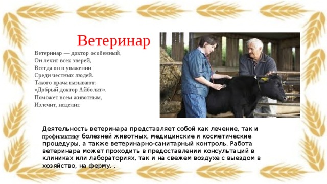 Ветеринар Ветеринар — доктор особенный,  Он лечит всех зверей,  Всегда он в уважении  Среди честных людей.  Такого врача называют:  «Добрый доктор Айболит».  Поможет всем животным,  Излечит, исцелит. Деятельность ветеринара представляет собой как лечение, так и профилактику болезней животных, медицинские и косметические процедуры, а также ветеринарно-санитарный контроль. Работа ветеринара может проходить в предоставлении консультаций в клиниках или лабораториях, так и на свежем воздухе с выездом в хозяйство, на ферму. . 