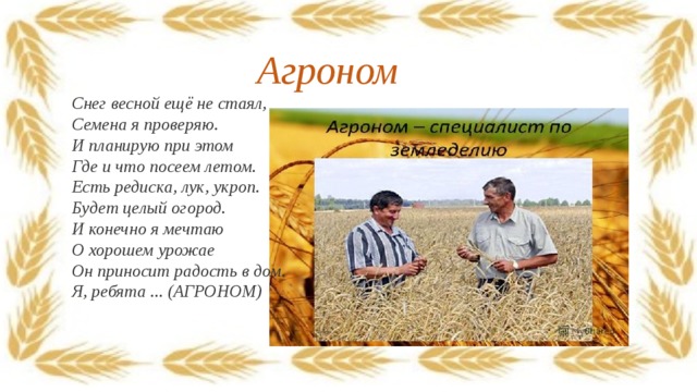 Агроном Снег весной ещё не стаял, Семена я проверяю. И планирую при этом Где и что посеем летом. Есть редиска, лук, укроп. Будет целый огород. И конечно я мечтаю О хорошем урожае Он приносит радость в дом. Я, ребята ... (АГРОНОМ)     