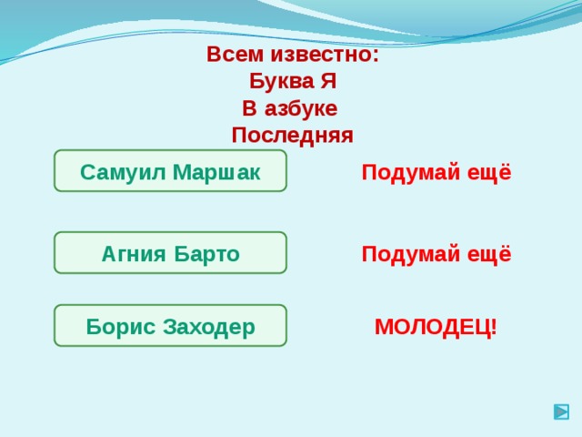 Всем известно: Буква Я В азбуке Последняя Самуил Маршак Подумай ещё Агния Барто Подумай ещё Борис Заходер МОЛОДЕЦ! 
