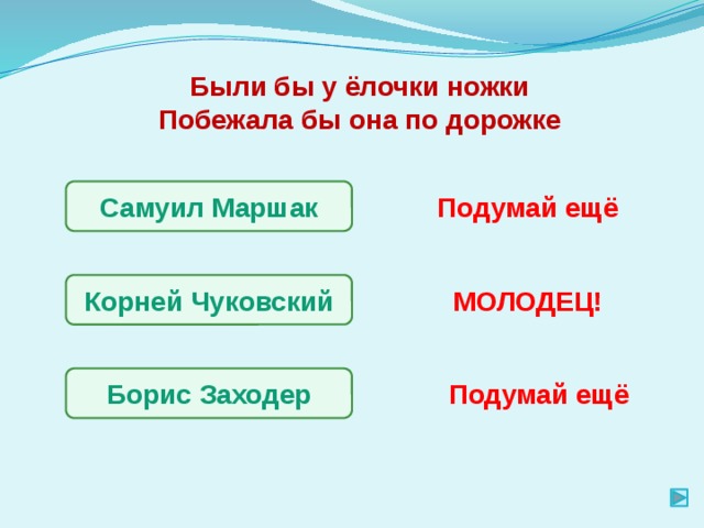 Были бы у ёлочки ножки Побежала бы она по дорожке Самуил Маршак Подумай ещё Корней Чуковский МОЛОДЕЦ! Борис Заходер Подумай ещё 