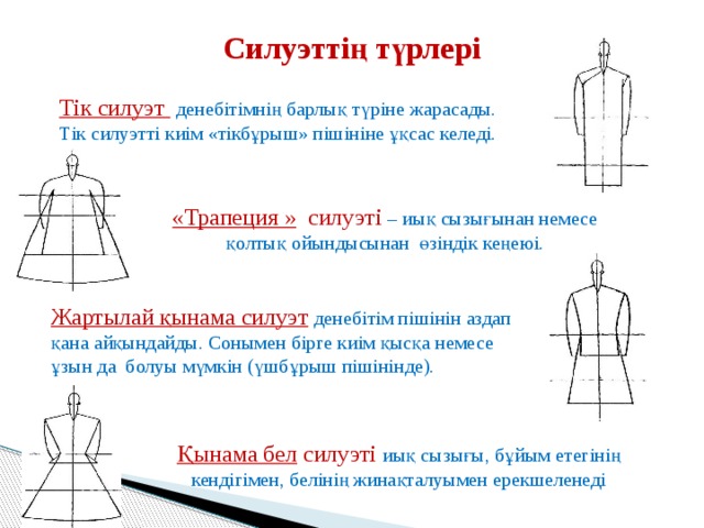 Силуэттің түрлері Тік силуэт  денебітімнің барлық түріне жарасады. Тік силуэтті киім «тікбұрыш» пішініне ұқсас келеді. «Трапеция » силуэті – иық сызығынан немесе қолтық ойындысынан өзіндік кеңеюі. Жартылай қынама силуэт  денебітім пішінін аздап қана айқындайды. Сонымен бірге киім қысқа немесе ұзын да болуы мүмкін (үшбұрыш пішінінде). Қынама бел силуэті иық сызығы, бұйым етегінің кендігімен, белінің жинақталуымен ерекшеленеді 
