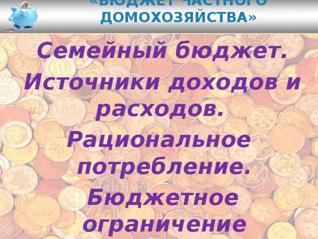 «Бюджет частного домохозяйства»    Семейный бюджет.  Источники доходов и расходов. Рациональное потребление.  Бюджетное ограничение   