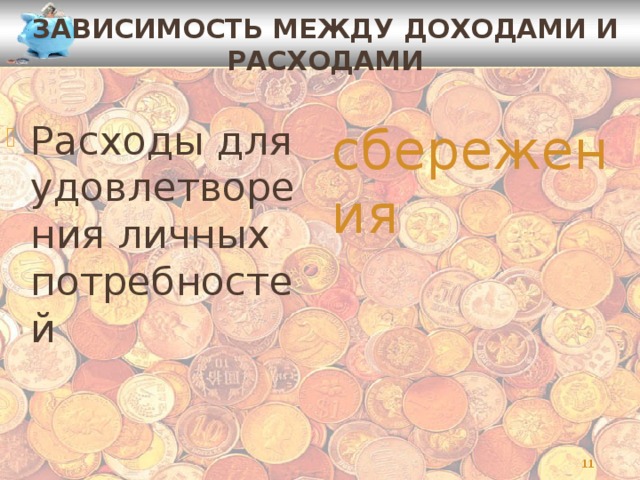 Зависимость между доходами и расходами Расходы для удовлетворения личных потребностей сбережения  
