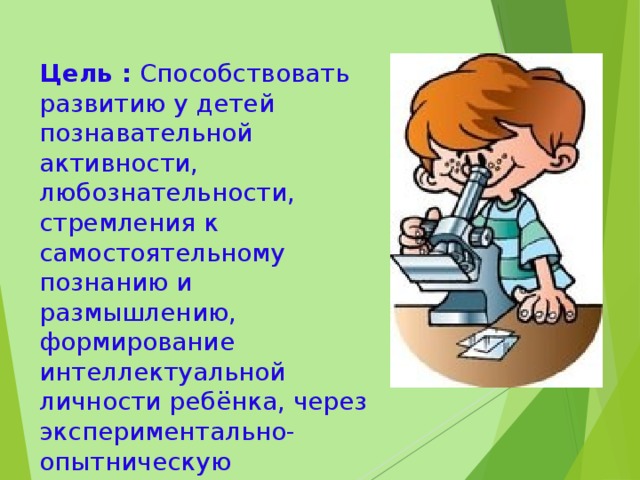 Цель : Способствовать развитию у детей познавательной активности, любознательности, стремления к самостоятельному познанию и размышлению, формирование интеллектуальной личности ребёнка, через экспериментально-опытническую деятельность.   