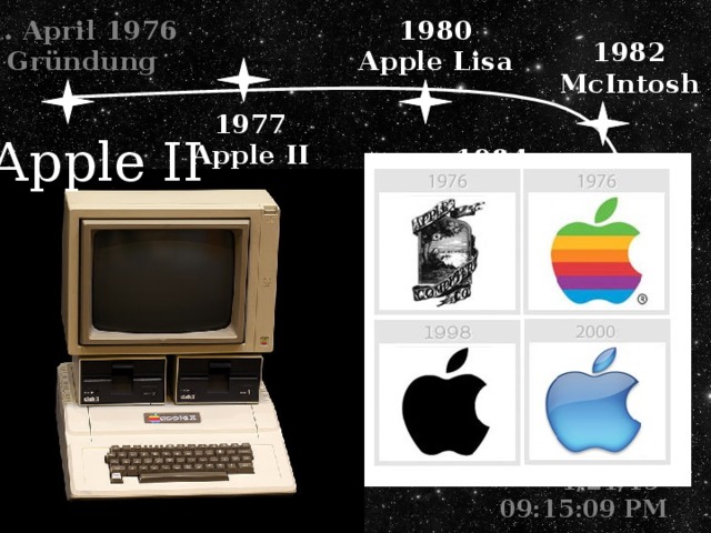 1. April 1976 1980 Apple Lisa Gründung 1982 McIntosh 1977 Apple II Logo Apple II 1984 „ 1984“ MacOC 1995 Wiedereinstieg 1985 Steve Jobs Rücktritt 2006 Neues Leben 2007 Apple.Inc Gordeeva Kristina, Geschichte von Apple 1/21/19  09:15:24 PM  