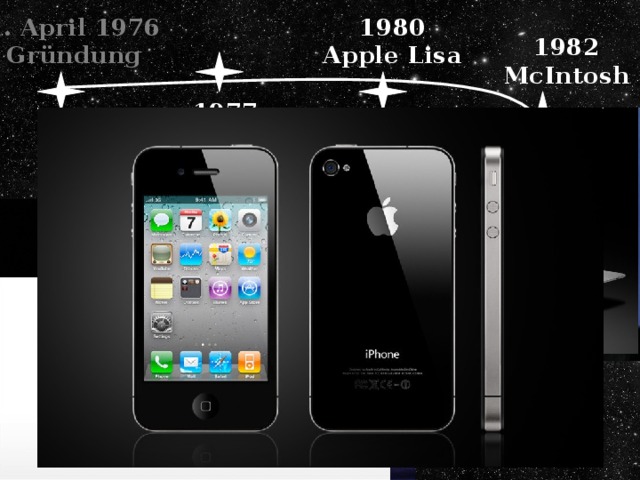 1. April 1976 1980 Apple Lisa Gründung 1982 McIntosh 1977 Apple II Logo 1984 „ 1984“ MacOC 1995 Wiedereinstieg 1985 Steve Jobs Rücktritt 2006 Neues Leben 2007 Apple.Inc 1/21/19  09:15:25 PM Gordeeva Kristina, Geschichte von Apple  